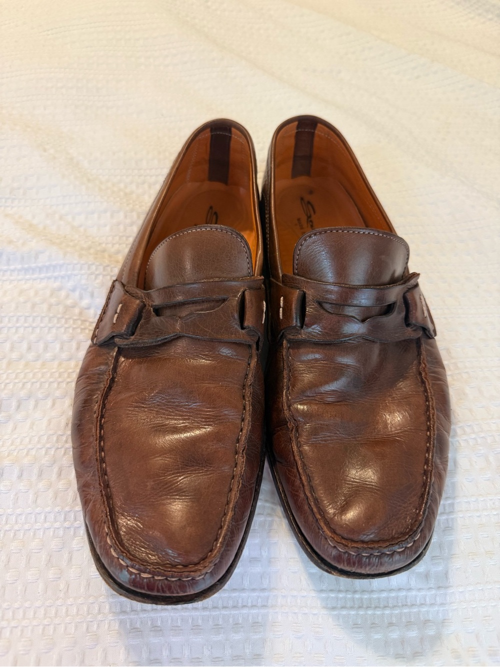 Santoni Cognac Brown Leather Slip-On Loafers for Men